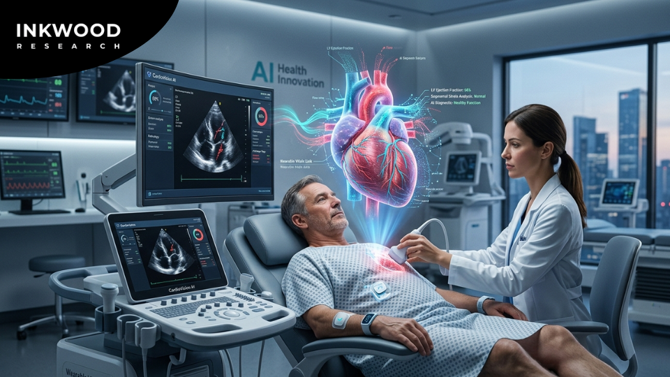 Competitive landscape map of the global cardiovascular ultrasound market featuring key players including GE HealthCare, Philips Healthcare, Siemens Healthineers, Canon Medical Systems, Samsung Medison, and Mindray with recent 2024-2025 product launch highlights