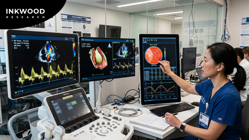 Visual showcasing AI integration in cardiovascular ultrasound systems including automated LVEF calculation, strain analysis, real-time cardiac imaging guidance, and point-of-care handheld echocardiography devices