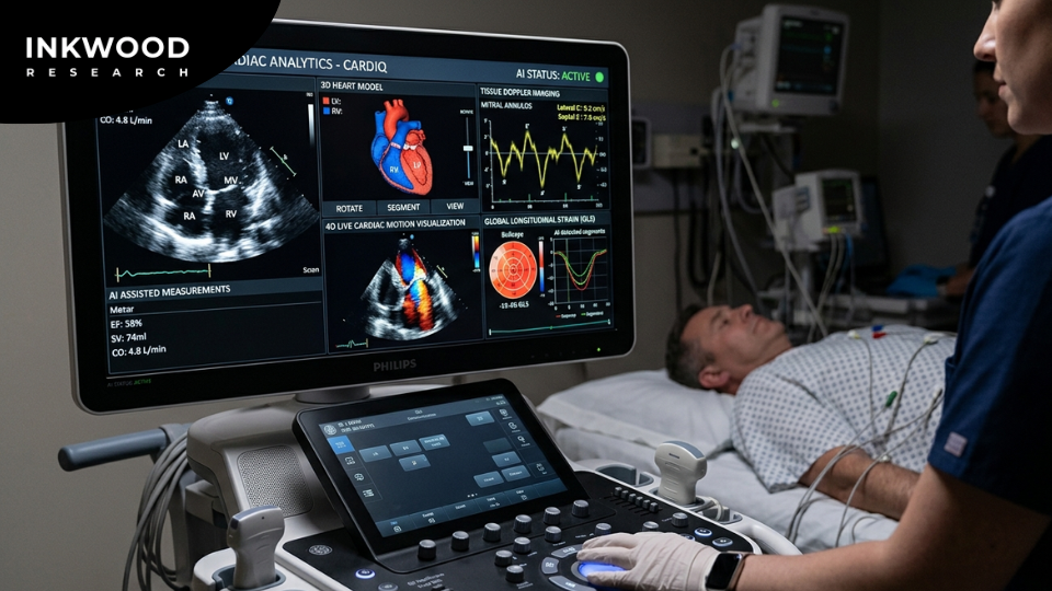World map displaying regional cardiovascular ultrasound market analysis with North America leading at US$905 million in 2026, Europe at US$731 million, and Asia-Pacific as the fastest-growing region at 7.59% CAGR through 2034