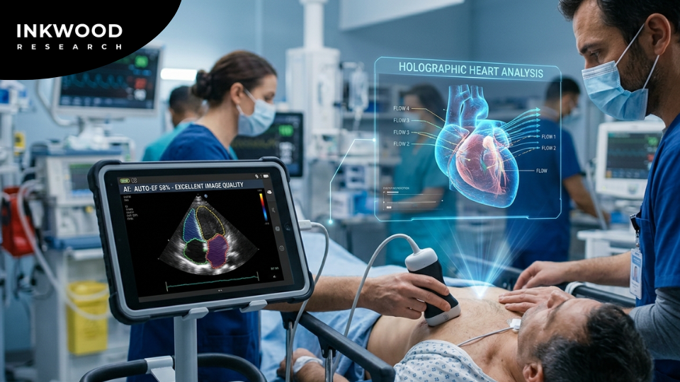 Chart illustrating cardiovascular ultrasound market segmentation by test type including transthoracic echocardiography, transesophageal echocardiography, stress echocardiography, and fetal echocardiography with growth rates