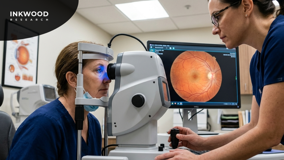 Infographic highlighting recent strategic product launches and acquisitions by leading retinal camera manufacturers including ZEISS CIRRUS PathFinder, Topcon IRIS acquisition, and NIDEK RS-1 Glauvas OCT in the global retinal imaging devices market