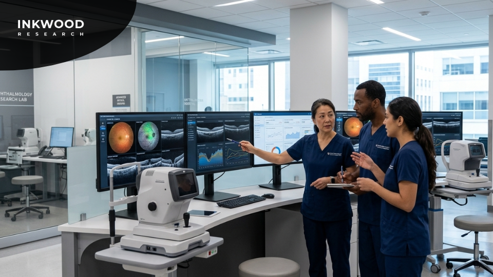 Illustration of AI-powered retinal imaging systems detecting diabetic retinopathy, inherited retinal diseases, and glaucoma through machine learning-enabled digital fundus cameras and OCT retinal imaging platforms