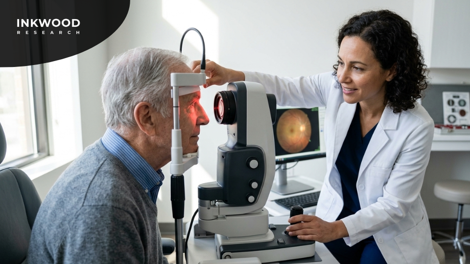 Diagram showing key segments of the retinal imaging devices market including OCT devices, digital fundus cameras, widefield retinal imaging systems, and portable handheld retinal cameras for clinics and community screening