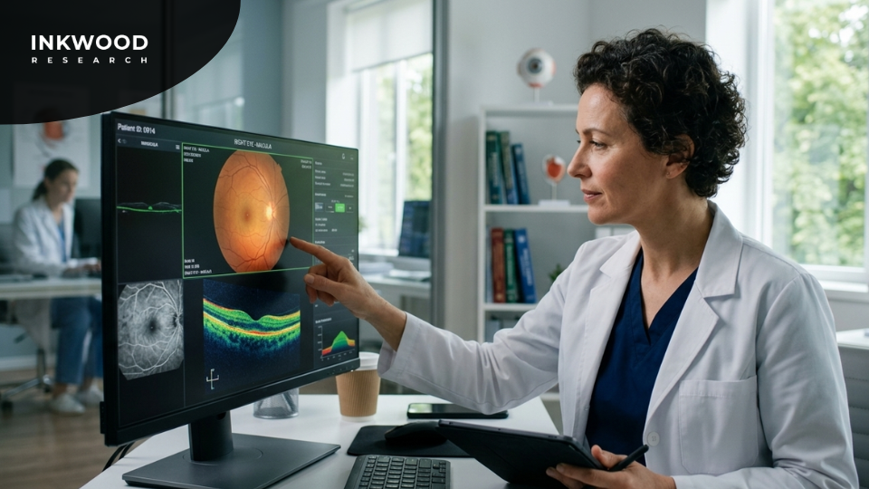 Chart illustrating retinal imaging technology advancements including teleophthalmology integration, AI diagnostics, reimbursement policy expansion, and portable retinal camera adoption, driving market growth through 2034