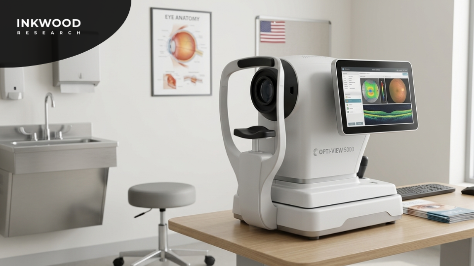 Competitive landscape map of the global retinal imaging devices market featuring Carl Zeiss Meditec, Optos, Heidelberg Engineering, Topcon Corporation, and NIDEK as leading device suppliers and innovators through 2034
