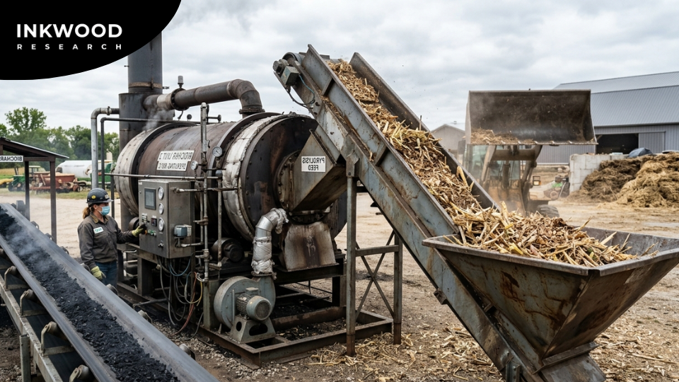 Chart highlighting key biochar market growth drivers including biochar soil amendment adoption, biochar livestock feed additive use, water treatment applications, and government ESG investments through 2034