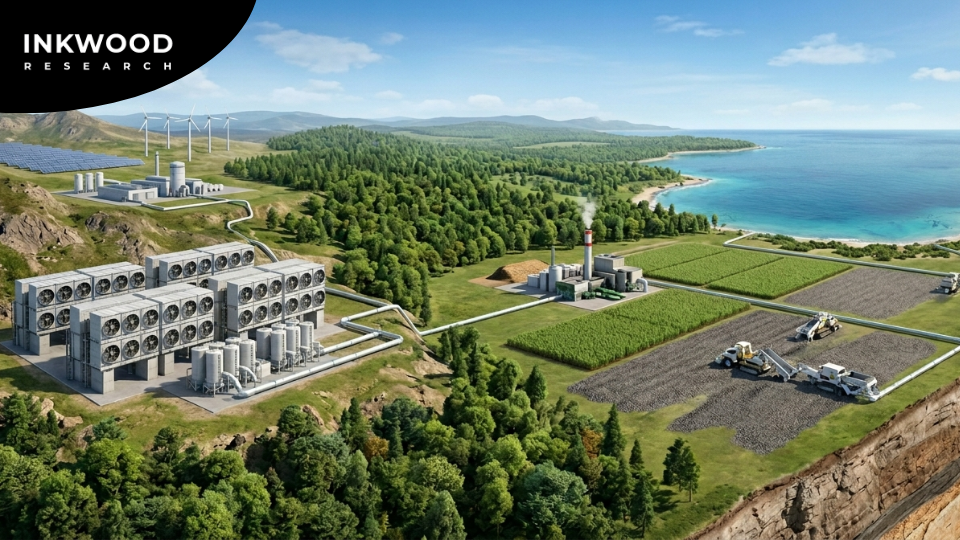 Diagram illustrating how direct air capture (DAC) technology extracts CO₂ from the atmosphere using large-scale machinery, with examples from Climeworks' Mammoth plant and 1PointFive's Stratos facility