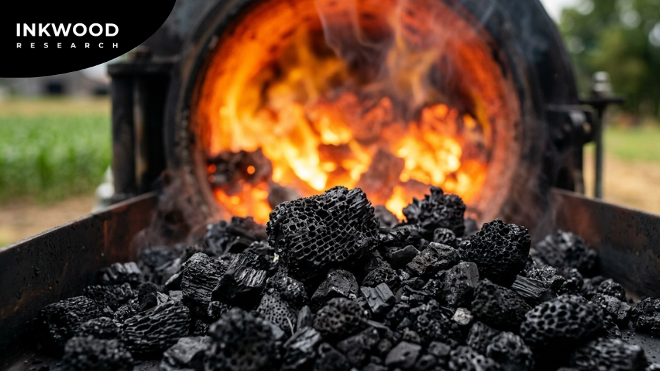 Infographic showing the biochar carbon dioxide removal process, from pyrolysis of organic biomass to soil amendment and CO₂ sequestration, with data on biochar CDR credit volumes in 2025