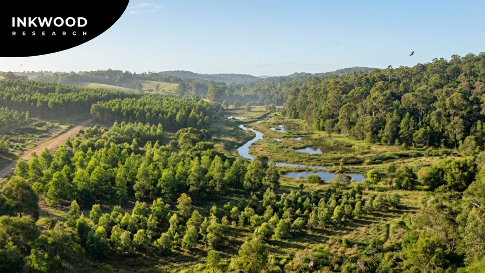 Illustration of afforestation and reforestation as nature-based carbon dioxide removal solutions, featuring the Trillion Trees Initiative and Apple's Restore Fund projects in Brazil and Paraguay