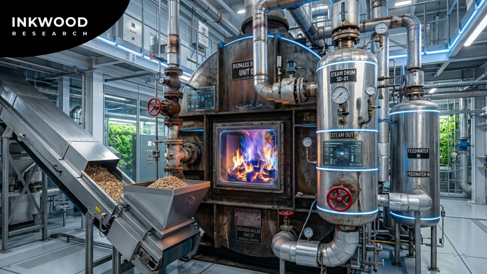 Visual summarizing the top challenges in the industrial biomass boiler market including skilled workforce shortages, fuel supply chain reliability, high capital costs, and emission compliance complexity