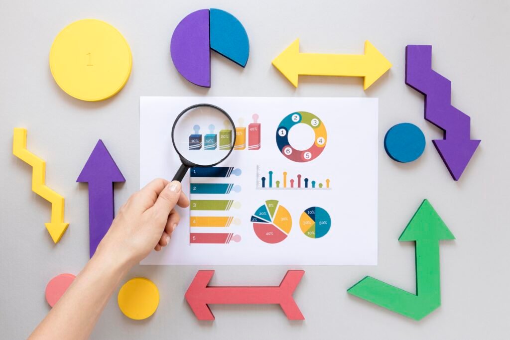 Business professional analyzing data charts and graphs, using market research for business to identify emerging trends and opportunities.
