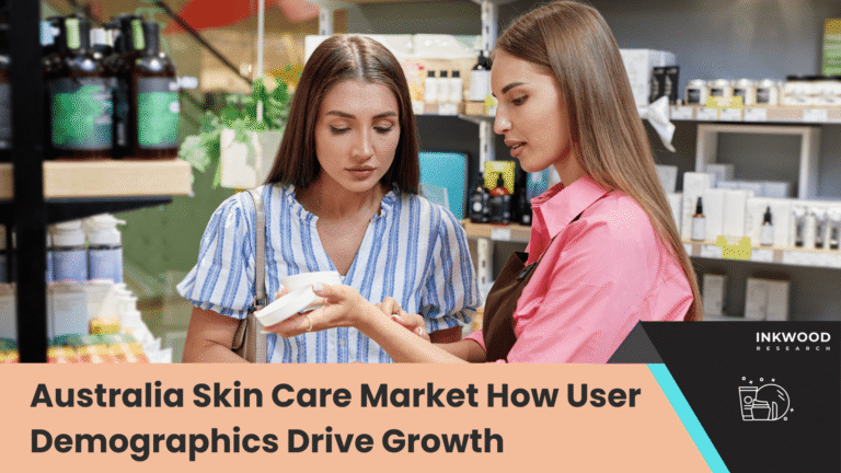 Diverse group of Australian consumers across different age groups and ethnicities examining skincare products in modern retail environment, representing the multicultural demographic driving market growth