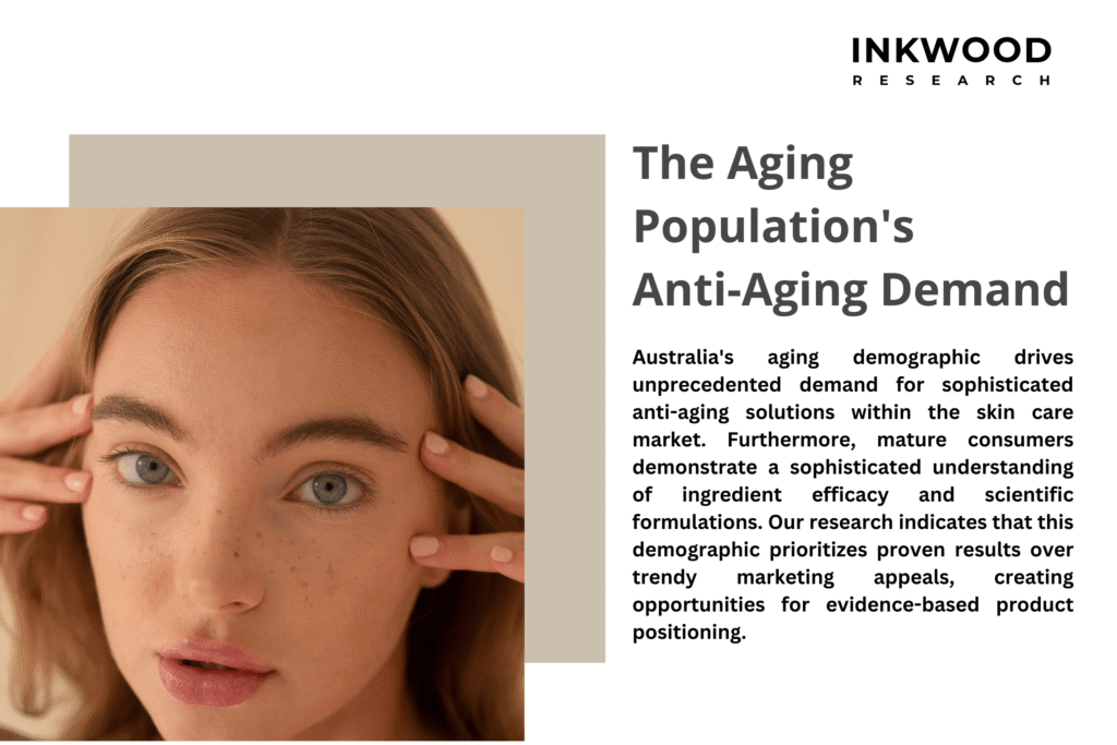 Elegant mature Australian woman in her 60s examining premium anti-aging skincare product ingredients list in upscale pharmacy setting, demonstrating sophisticated consumer research behavior