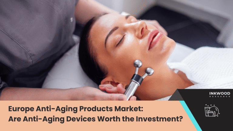European anti-aging devices and skin care products displayed with clinical testing results showing aging skin improvement in older adults