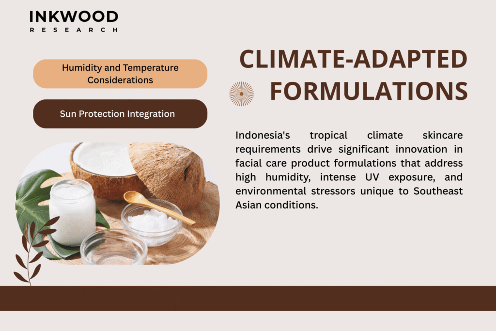 Split-screen image showing Indonesian consumer applying lightweight facial moisturizer with SPF in tropical outdoor setting versus heavy cream in temperate climate, illustrating climate-specific formulation needs