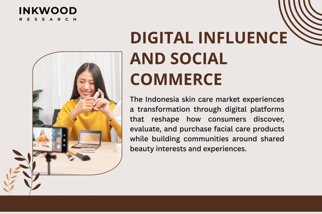  Indonesian consumers shopping for facial care products on mobile devices showing Tokopedia and Shopee beauty sections, with product reviews and influencer recommendations visible on screens, representing e-commerce dominance