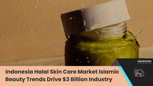 Indonesian Muslim woman in hijab examining halal-certified skincare products with MUI certification labels in modern Islamic beauty store, representing the $3 billion halal cosmetics market growth