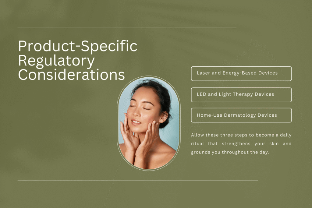Product-specific regulatory matrix showing laser classification, LED device standards, home-use device requirements across different global markets