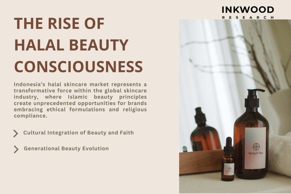 Multi-generational Indonesian Muslim family - grandmother, mother, and young daughter - sharing traditional and modern halal skincare products, demonstrating cultural integration of Islamic beauty values across age groups