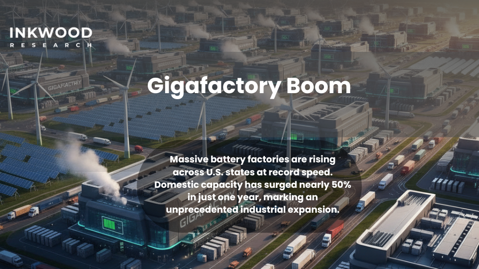 US gigafactory expansion showing Panasonic Kansas 30 GWh facility, GM-LG Ultium Cells 140 GWh capacity, Tesla Texas 4680 cell production, Ford BlueOval 129 GWh Tennessee-Kentucky plants driving lithium ion battery market manufacturing
