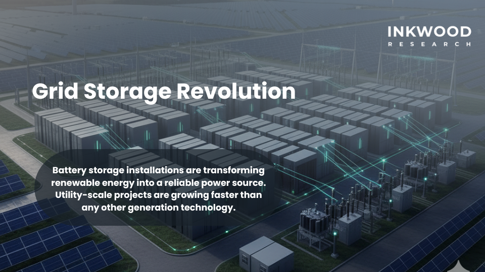 Grid-scale energy storage battery market growth showing 26 GW cumulative US utility-scale capacity, 66% increase in 2024, 19.6 GW planned 2025 deployments supporting renewable energy integration and EV battery market expansion