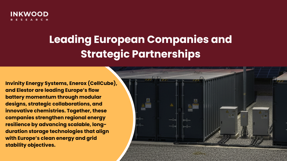 European flow battery manufacturers showing diverse technologies and strategic partnerships across continental markets