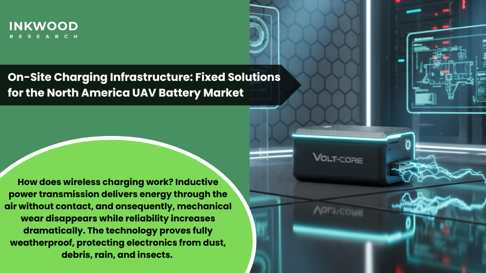 On-site charging infrastructure solutions for North America UAV battery market featuring WiBotic PowerPad wireless charging technology automated data transfer systems permanent installation applications energy utilities warehouse operations smart city deployments achieving 98% uptime through autonomous charging capabilities
