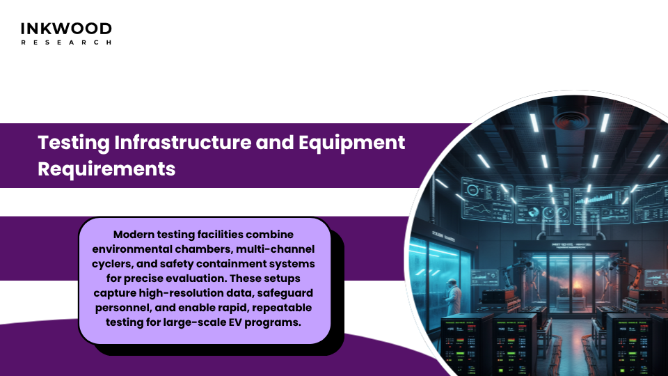 Battery testing infrastructure showing multi-channel cyclers environmental chambers and safety containment systems