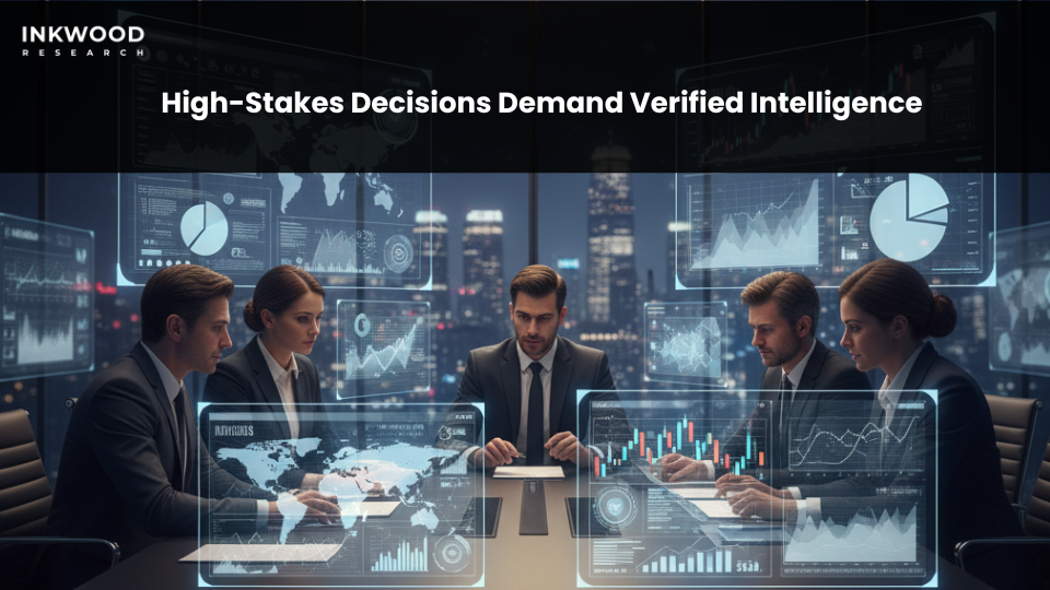 Business executives analyzing authenticated market research for high-stakes decisions
