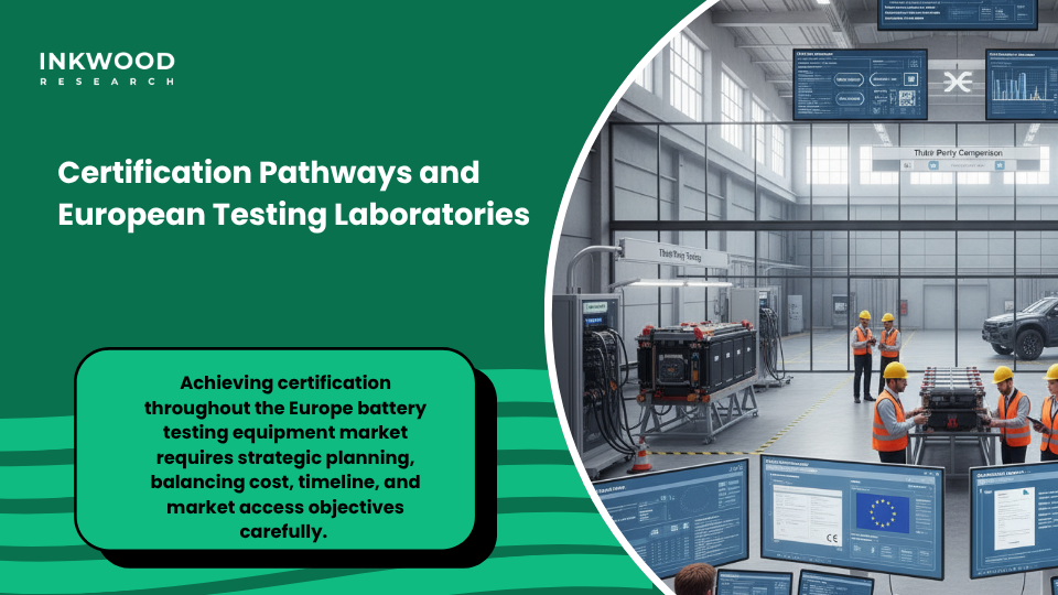 Battery testing certification pathways showing third-party laboratories and compliance validation processes