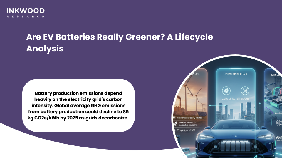 Lifecycle analysis infographic comparing carbon footprint of EV battery production, usage, and recycling versus combustion vehicles
