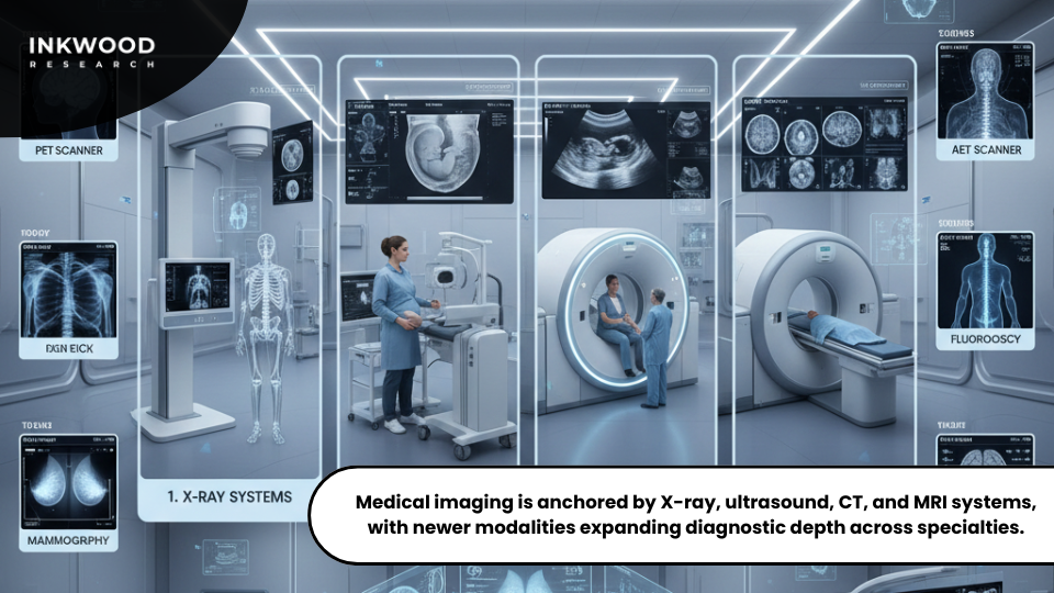Overview of core medical imaging technologies including X-ray, ultrasound, CT, and MRI systems used for diagnostic imaging across healthcare specialties.