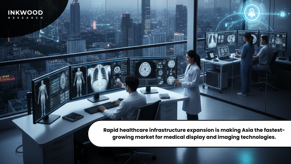 Modern Asian hospital using advanced medical display screens integrated into diagnostic imaging workflows.