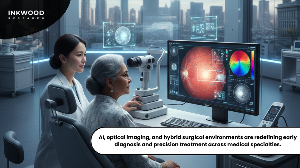 Futuristic healthcare environment featuring AI retinal screening technology and a hybrid operating room with integrated imaging.
