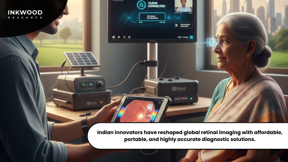 Affordable portable retinal imaging device developed in India being used in a clinical screening program.