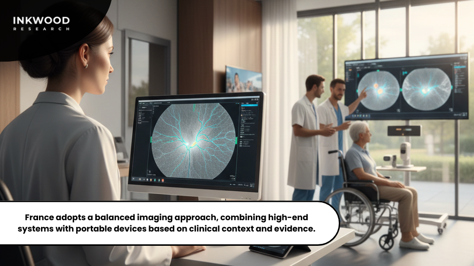 Ophthalmology clinic in France using both high-end and portable eye imaging equipment for patient diagnostics.