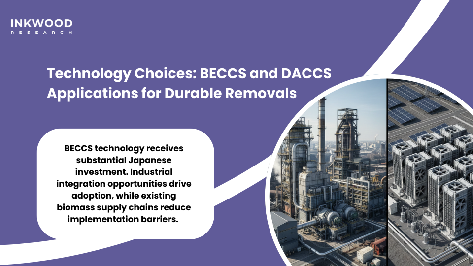 Technology comparison matrix showing BECCS and DACCS carbon dioxide removal systems with cost efficiency and deployment readiness metrics
