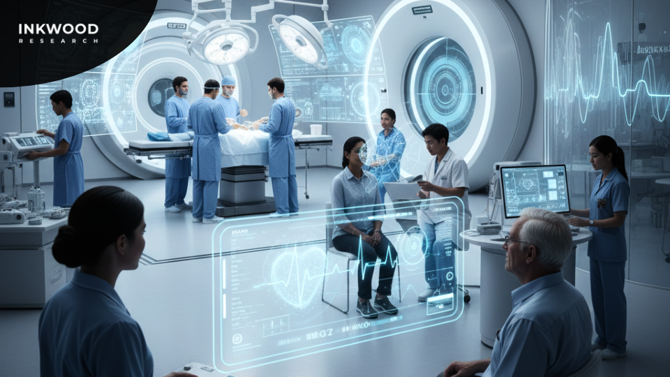 Summary visualization of global medical imaging trends highlighting AI adoption, portable diagnostic devices, hybrid operating rooms, and improved healthcare access across regions.