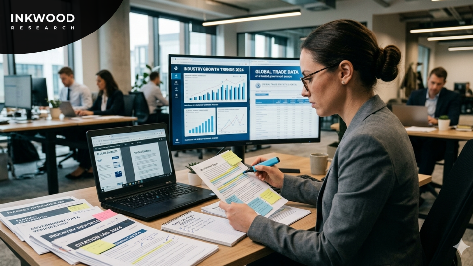 Data credibility check for market research reports showing verified government sources and industry databases used in reliable market research companies