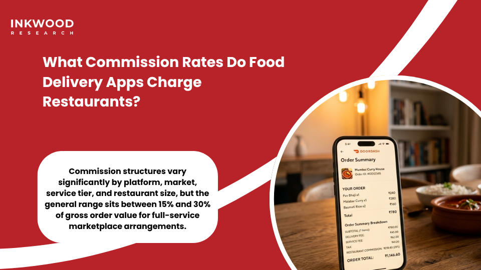 Restaurant commission rates on food delivery apps showing percentage breakdown for DoorDash Uber Eats Grubhub and regional platforms globally
