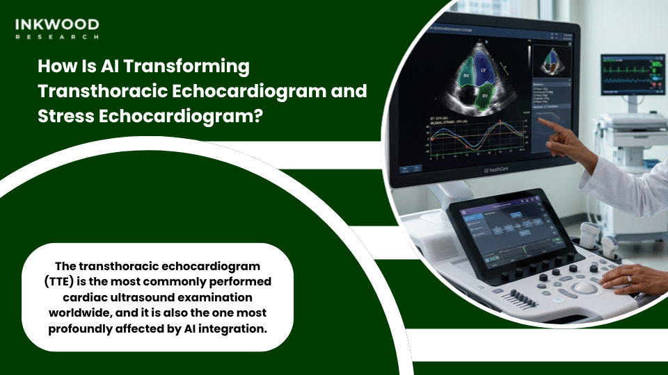 AI-enhanced transthoracic echocardiogram and echocardiogram transesophageal stress imaging showing cardiac diagnostic procedures for cardiovascular diseases