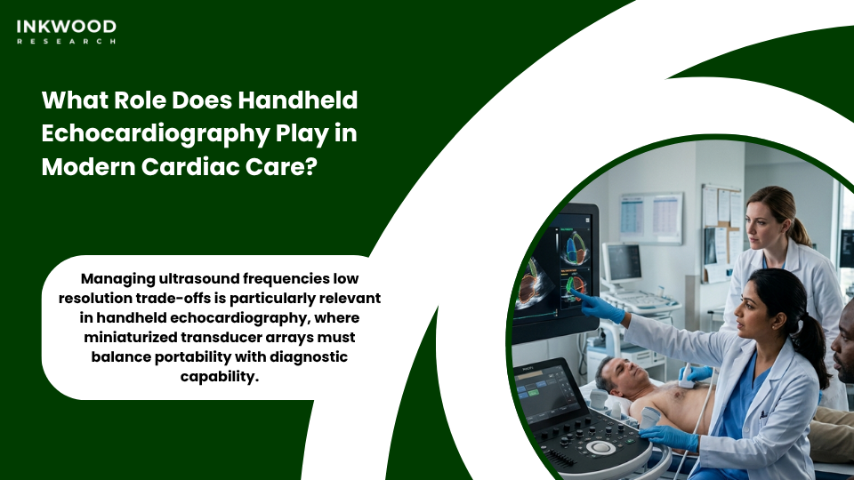 Handheld echocardiography device demonstrating ultrasound frequencies low resolution trade-offs in hospitals ambulatory care centers for cardiac diagnostic procedures