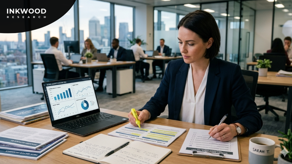 Business decision-maker reviewing market research report selection guide checklist showing factors to consider when buying market research reports