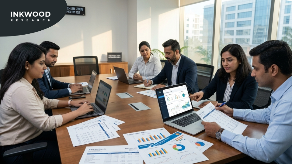 Corporate strategy team using industry forecast reports for business planning investment decisions and market entry strategy development