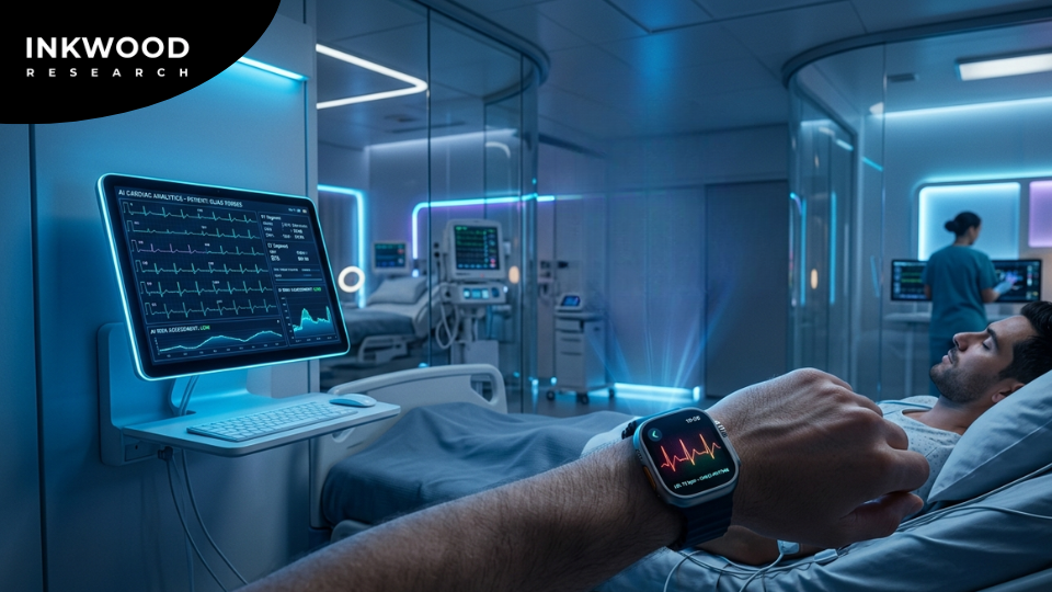 Diagram showing AI-based ECG monitoring and machine learning integration in electrocardiography equipment market for arrhythmia detection and cardiac risk prediction