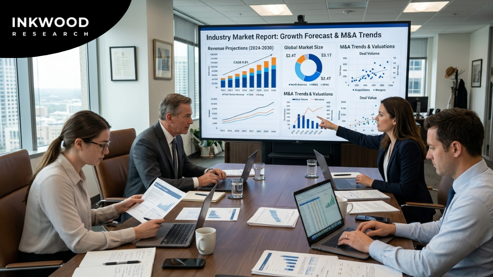 Investment analysts reviewing industry market reports and market growth forecast data for M&A due diligence and investment strategy