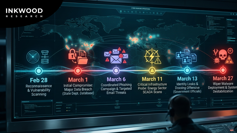 Handala March 2026 cyber attack timeline showing Stryker Corporation FBI breach and escalating enterprise targets