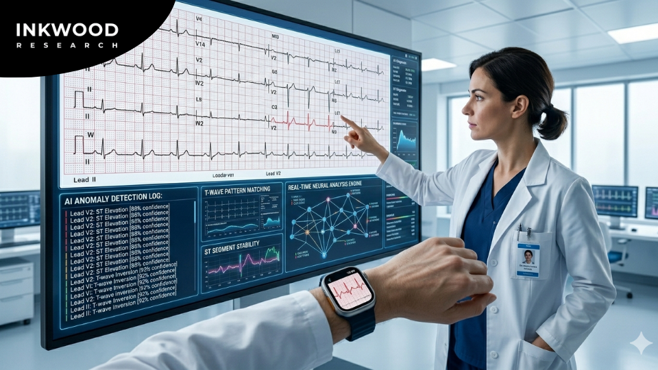 Chart highlighting ECG equipment market growth drivers including aging population, telemedicine integration, AI adoption, and reimbursement expansion across the electrocardiography devices market