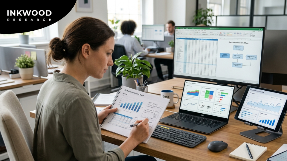 Competitive market intelligence analysis showing industry players and market positioning on a digital dashboard for business strategy
