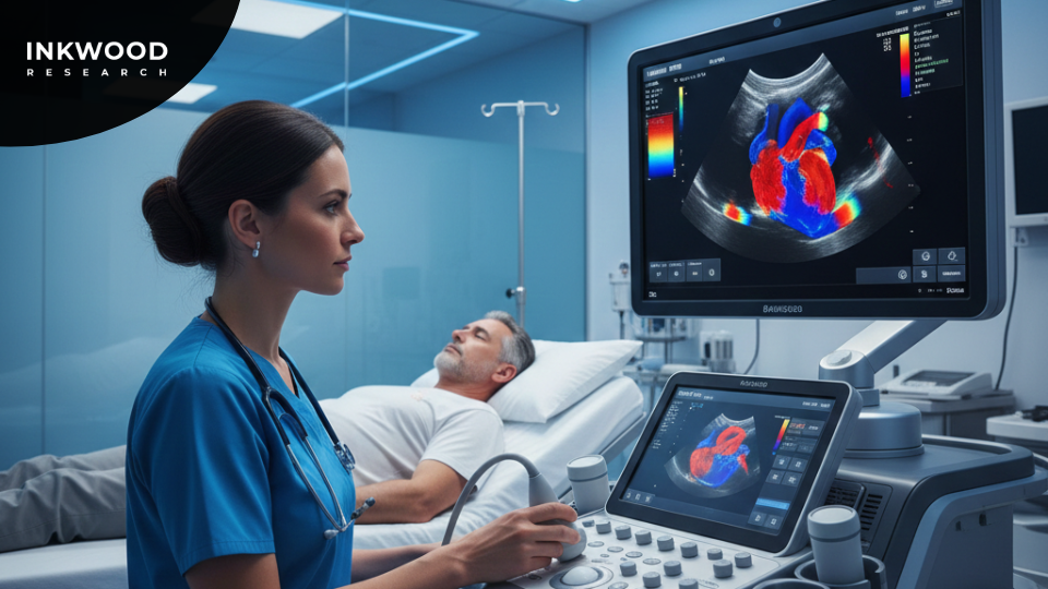 Cardiac ultrasound imaging system in clinical environment for cardiovascular assessment